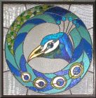 Peacock stained glass lead light panel close up